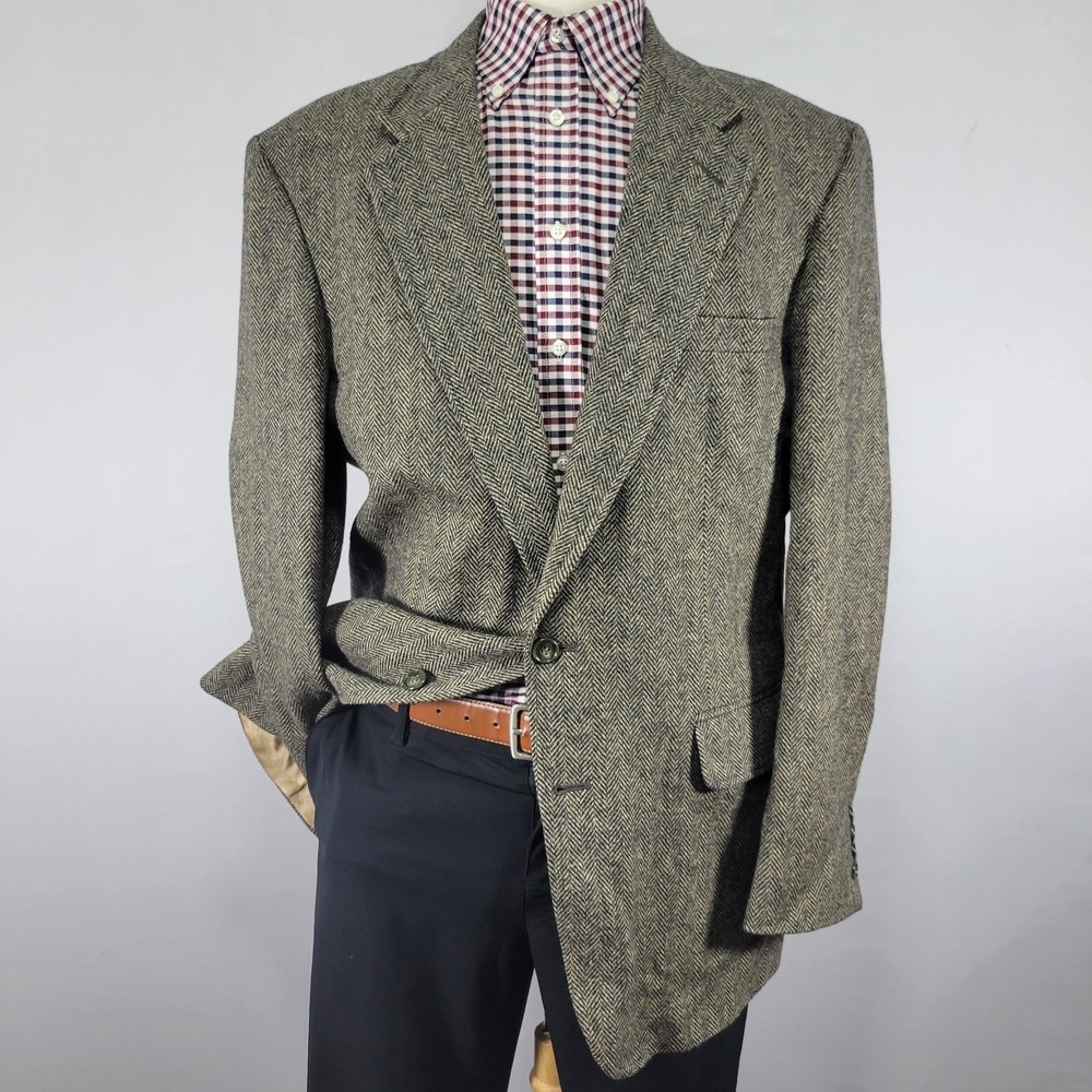 Lands End Men's Tweed Sport Coat Blazer Two Button Brown Herringbone Wool 43L